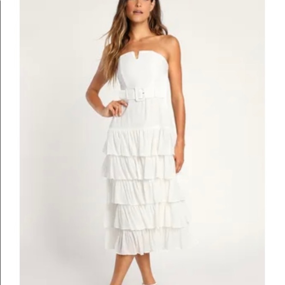 White Strapless Belted Tiered Midi Dress